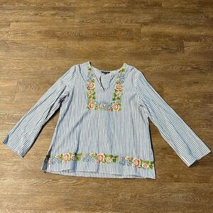 Max Edition Blue Striped Blouse with Floral Embroidery